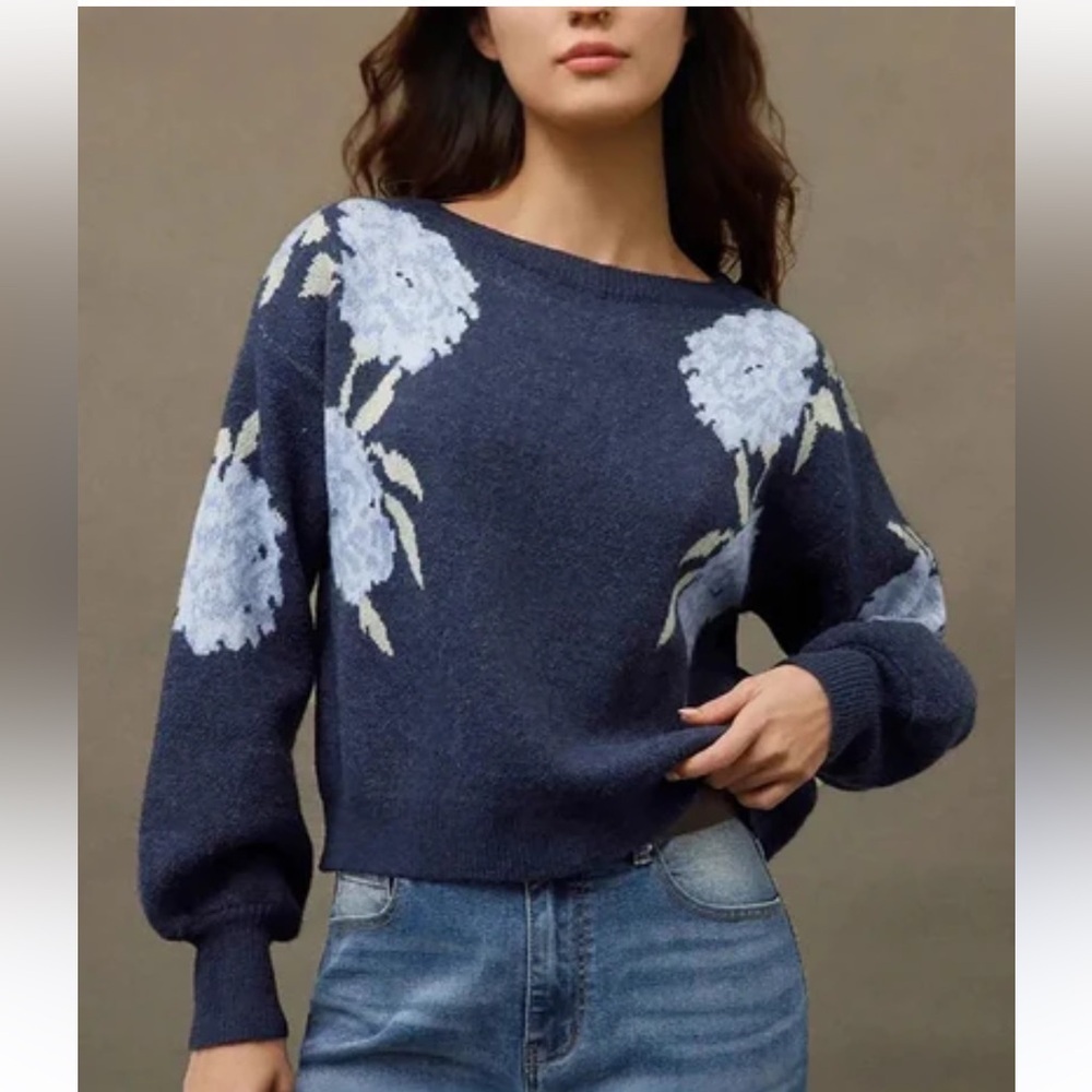 Floral jacquard balloon sleeve knit sweater top